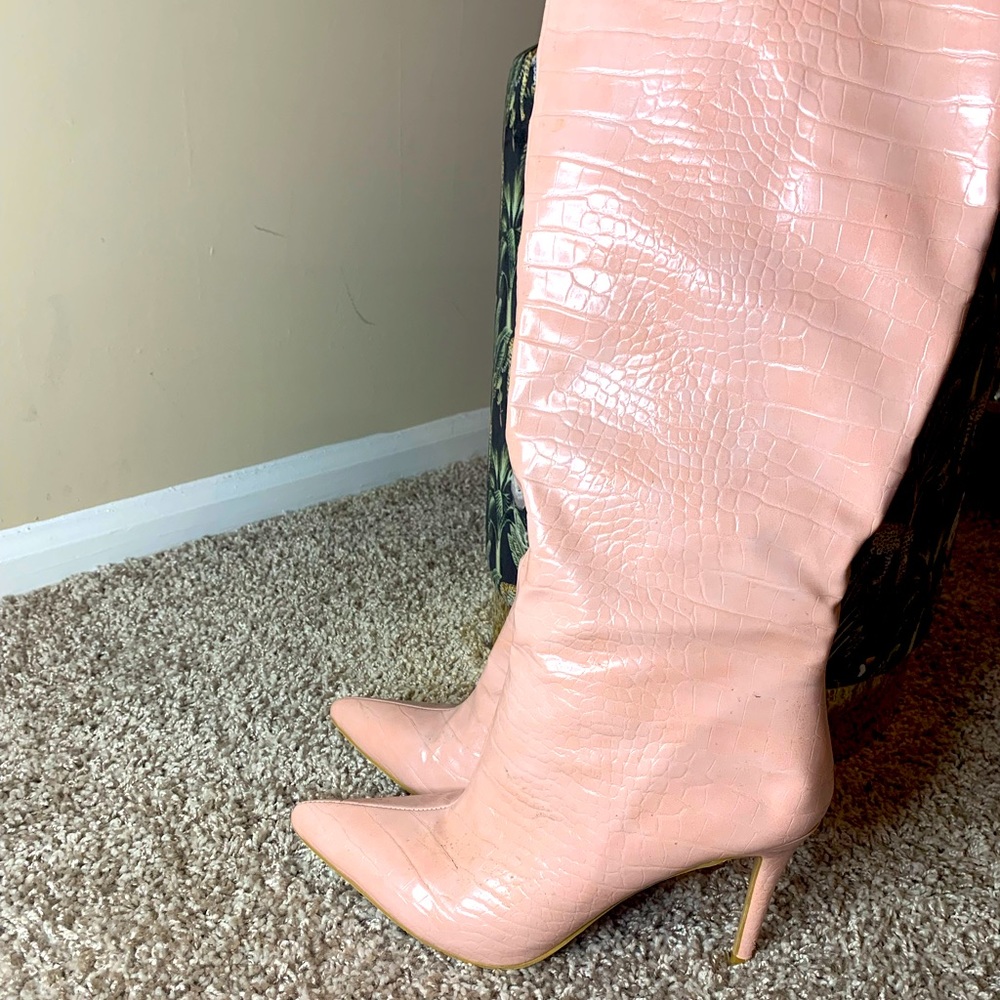 Soft pink croc heel boots